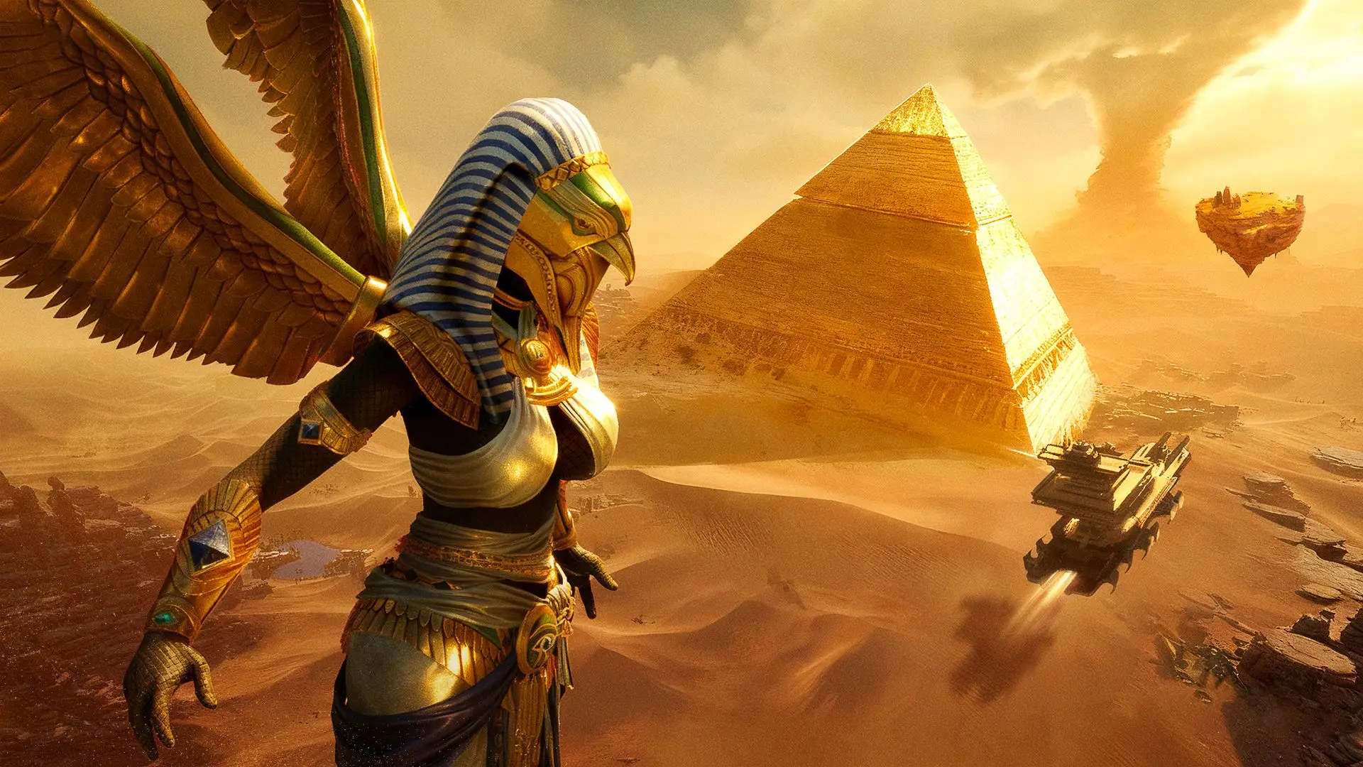 Désert égyptien avec pyramide et créature ailée.