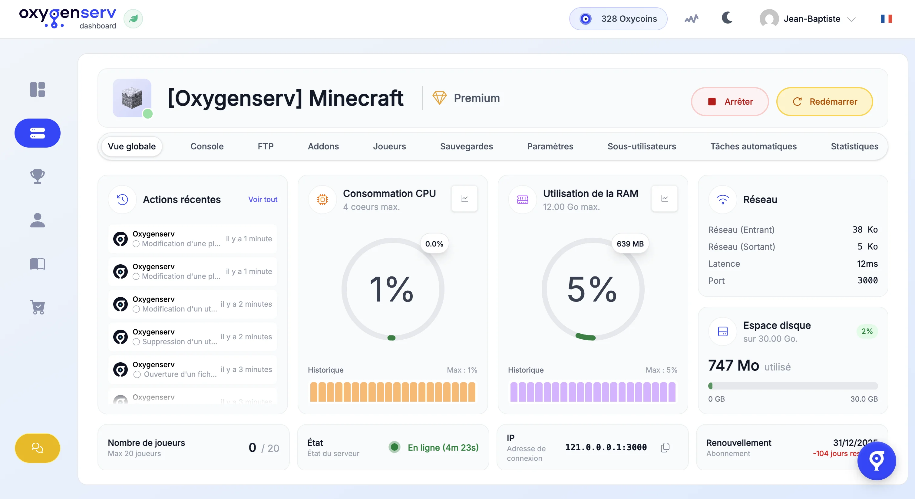 Panel Oxygenserv — Thème clair