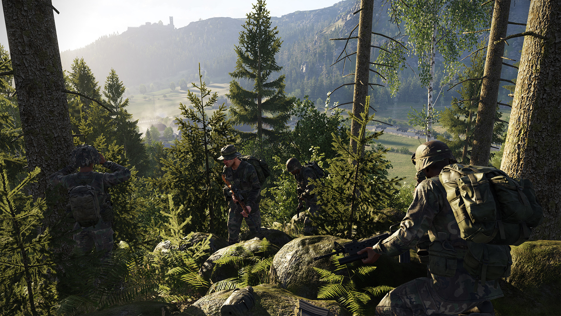 Soldiers marching through a mountain forest.