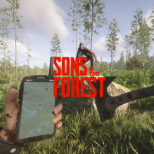 Survival game scene with forest and character.