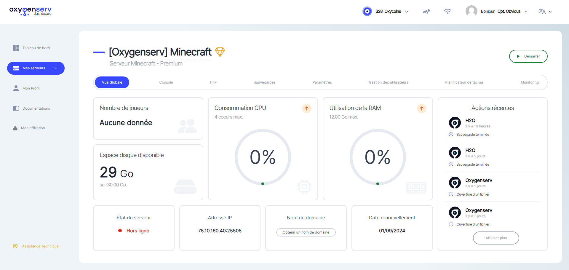 Tableau de bord serveur Minecraft Oxygenserv